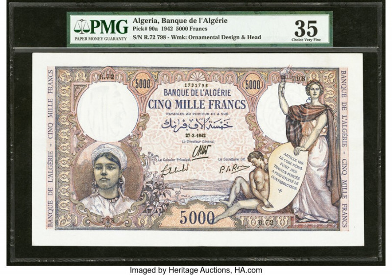 Algeria Banque de l'Algerie 5000 Francs 27.3.1942 Pick 90a PMG Choice Very Fine ...