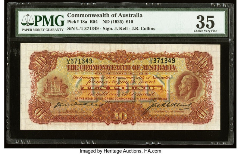Australia Commonwealth Bank of Australia 10 Pounds ND (1925) Pick 18a R54 PMG Ch...