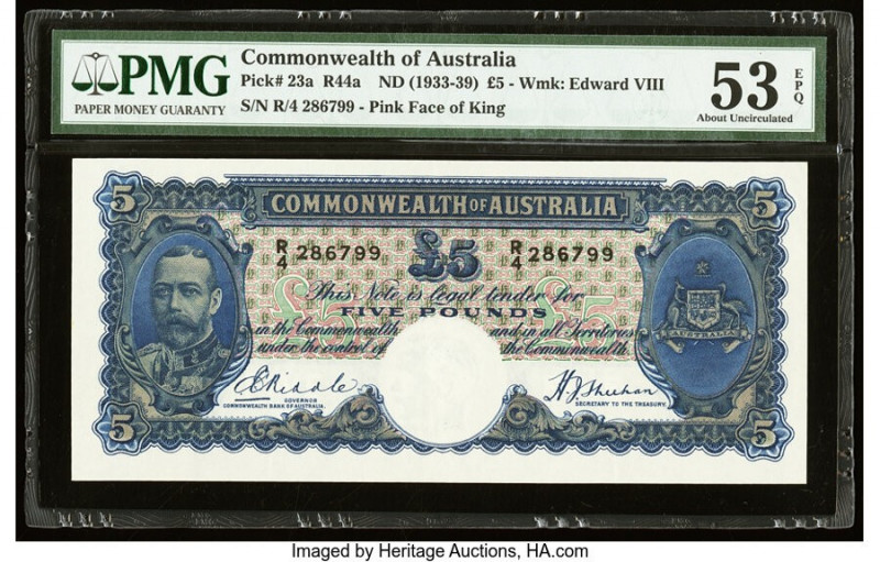 Australia Commonwealth Bank of Australia 5 Pounds ND (1933-39) Pick 23a R44a PMG...