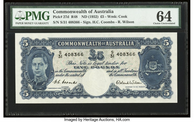 Australia Commonwealth Bank of Australia 5 Pounds ND (1952) Pick 27d R48 PMG Cho...