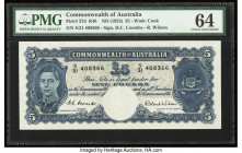 Australia Commonwealth Bank of Australia 5 Pounds ND (1952) Pick 27d R48 PMG Choice Uncirculated 64. Bright paper and deep blue inks grace this attrac...