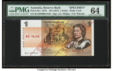 Australia Reserve Bank of Australia 1 Dollar ND (1974) Pick 42s1 SP16 Specimen PMG Choice Uncirculated 64. A lovely, tranquil Specimen with diagonal r...