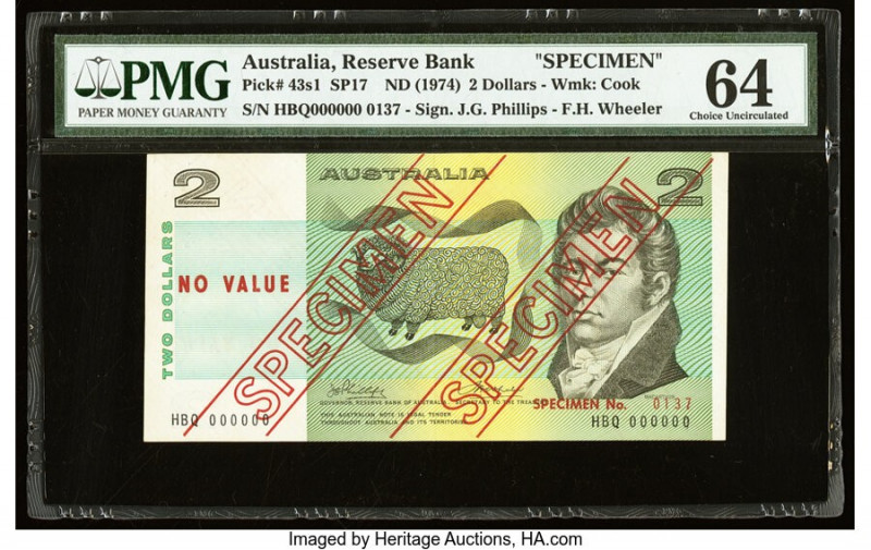 Australia Reserve Bank of Australia 2 Dollars ND (1974) Pick 43s1 SP17 Specimen ...
