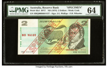 Australia Reserve Bank of Australia 2 Dollars ND (1974) Pick 43s1 SP17 Specimen PMG Choice Uncirculated 64. A well preserved high grade example with t...