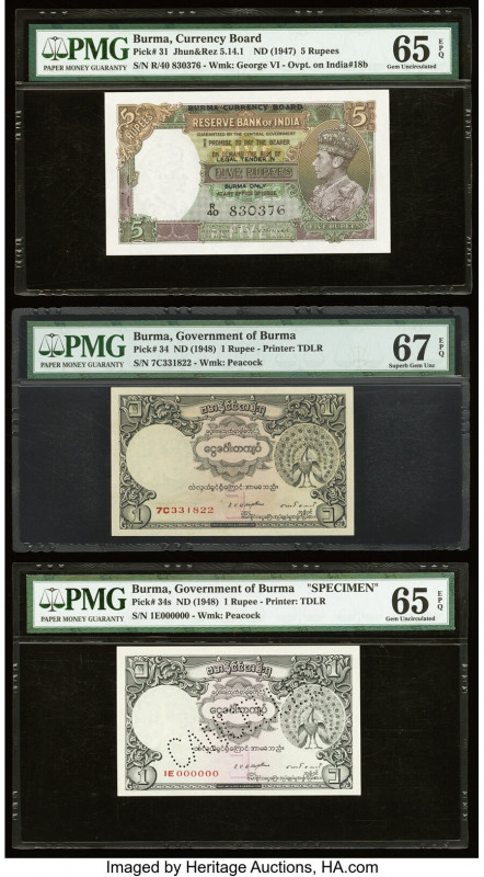Burma Currency Board; Government of Burma (2) 5; 1 (2) Rupees ND (1947); (1948) ...