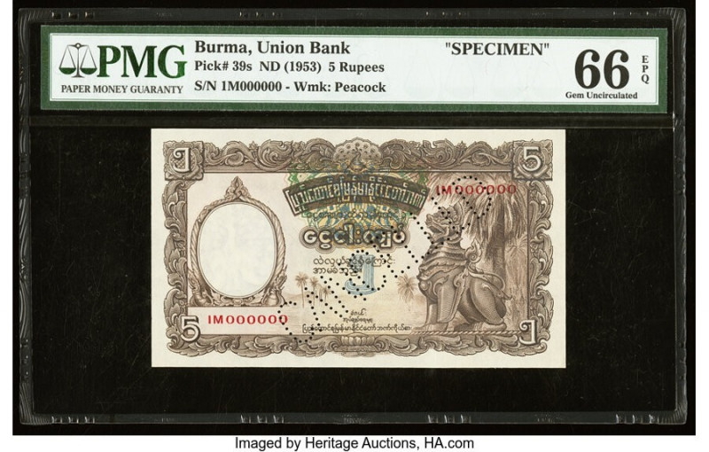 Burma Union Bank 5 Rupees ND (1953) Pick 39s Specimen PMG Gem Uncirculated 66 EP...
