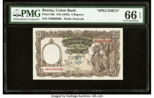 Burma Union Bank 5 Rupees ND (1953) Pick 39s Specimen PMG Gem Uncirculated 66 EPQ. A handsome, popular, and rare type note in high grade. Burmese note...