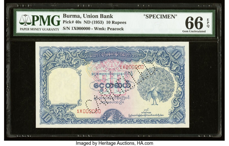 Burma Union Bank 10 Rupees ND (1953) Pick 40s Specimen PMG Gem Uncirculated 66 E...