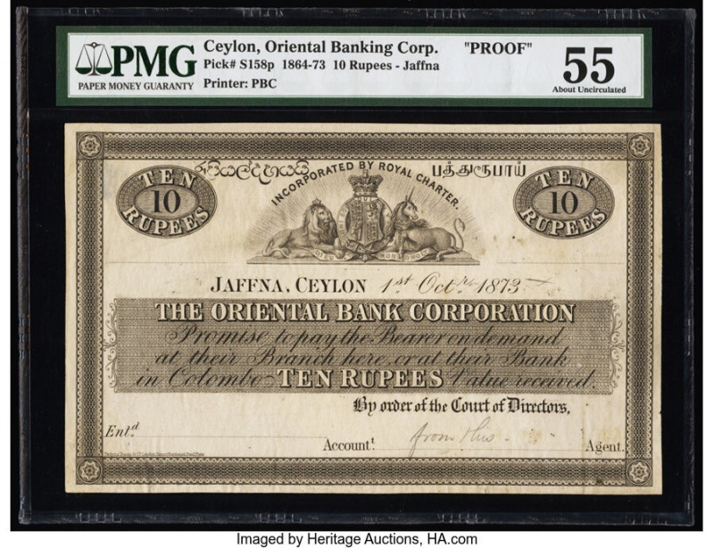 Ceylon Oriental Bank Corporation, Jaffna 10 Rupees 1.10.1873 Pick S158p Proof PM...