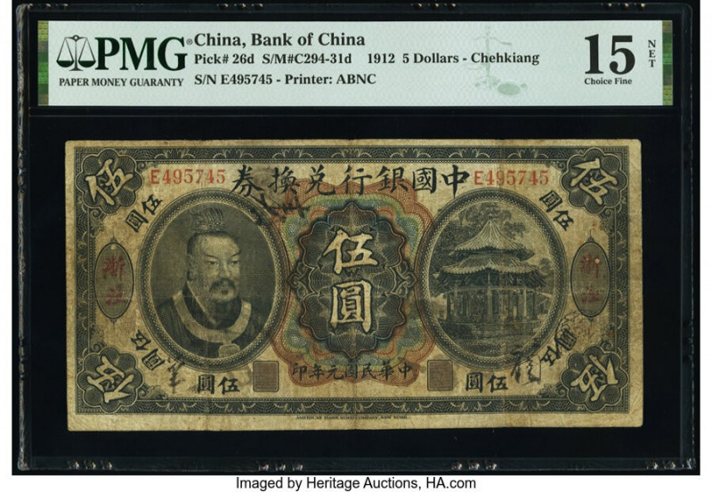 China Bank of China, Chehkiang 5 Dollars 1.6.1912 Pick 26d S/M#C294-31d PMG Choi...