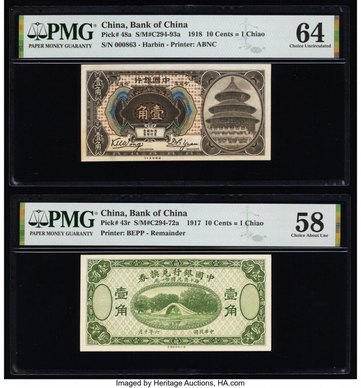 China Bank of China 10 Cents = 1 Chiao 1917; 1918 Pick 43r Remainder; 48a Two Ex...