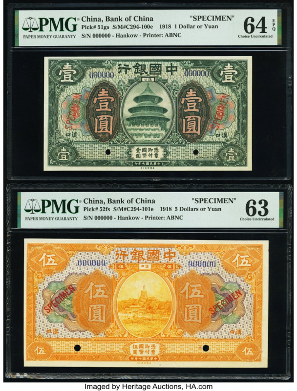 China Bank of China, Hankow 1; 5 Dollars or Yuan 9.1918 Pick 51gs; 52fs Two Spec...