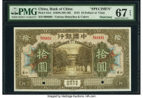 China Bank of China, Shantung 10 Dollars or Yuan 9.1918 Pick 53s1 S/M#C294-102 Specimen PMG Superb Gem Unc 67 EPQ. Dacheng Hall is engraved on the fro...