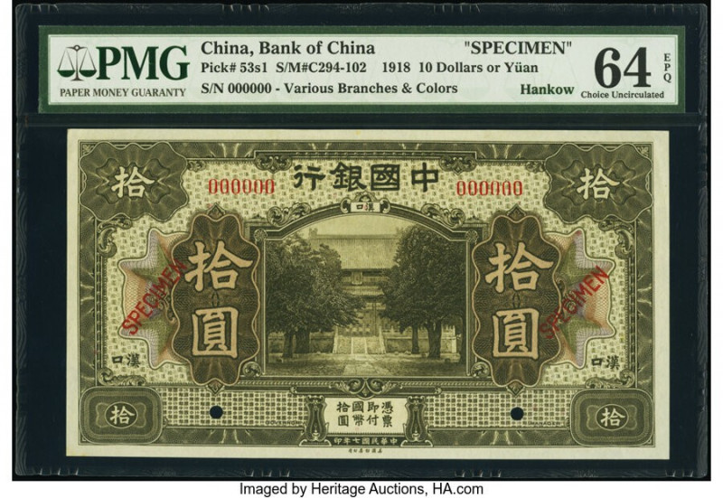 China Bank of China, Hankow 10 Dollars or Yuan 9.1918 Pick 53s1 S/M#C294-102 Spe...