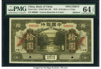 China Bank of China, Hankow 10 Dollars or Yuan 9.1918 Pick 53s1 S/M#C294-102 Specimen PMG Choice Uncirculated 64 EPQ. A popular Hankow issue, scarce a...