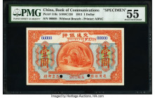 China Bank of Communications 1 Dollar 1.7.1913 Pick 110s S/M#C126 Specimen PMG About Uncirculated 55. A gigantic engine and steam ship are the hallmar...