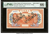 China Bank of Communications, Peking 50 Yuan 1914 Pick 119fs Specimen PMG Gem Uncirculated 66 EPQ. A breathtaking mountainside landscape with two stea...