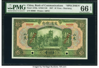 China Bank of Communications, Shantung 10 Yuan 1.11.1927 Pick 147Bs S/M#C126-222 Specimen PMG Gem Uncirculated 66 EPQ. A terrific and rare Specimen, b...