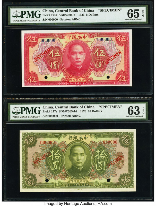 China Central Bank of China 5; 10 Dollars 1923 Pick 174s; 177s Two Specimen PMG ...