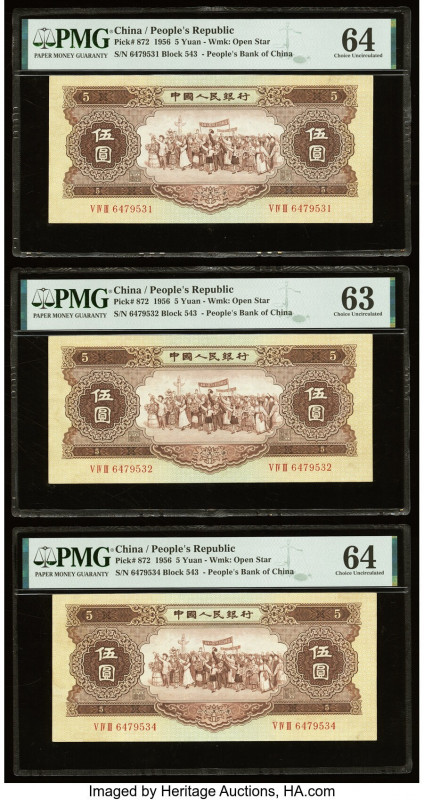 China People's Bank of China 5 Yuan 1956 Pick 872 Five Examples PMG Choice Uncir...