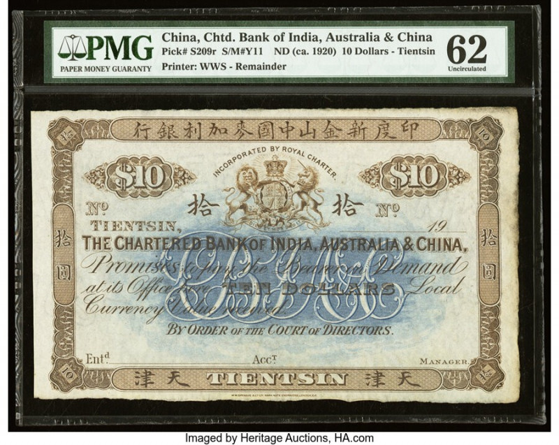 China Chartered Bank of India, Australia & China, Tientsin 10 Dollars ND (ca. 19...