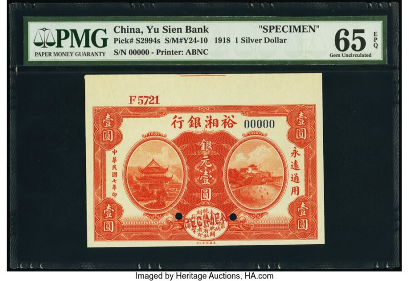 China Yu Sien Bank 1 Silver Dollar 15.7.1918 Pick S2994s S/M#Y24-10 Specimen PMG...