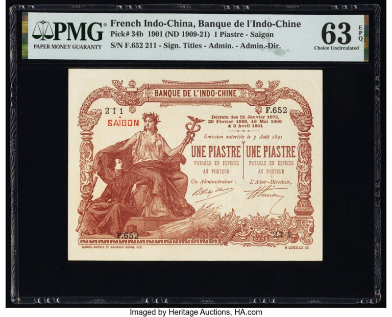 French Indochina Banque de l'Indo-Chine 1 Piastre 1901 (ND 1909-21) Pick 34b PMG...