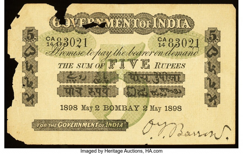 India Government of India, Bombay 5 Rupees 2.5.1898 Pick A2g Jhunjhunwalla-Razac...