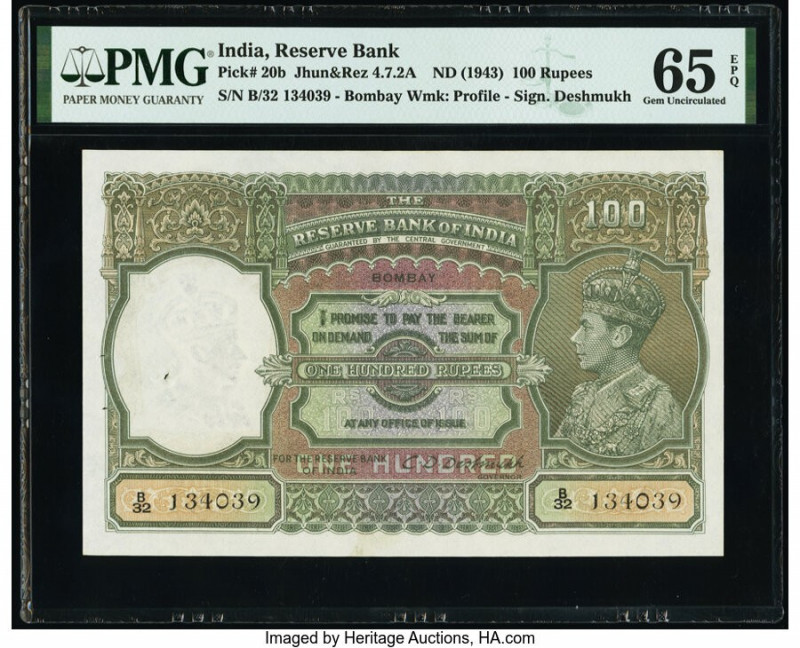 India Reserve Bank of India, Bombay 100 Rupees ND (1943) Pick 20b Jhunjhunwalla-...