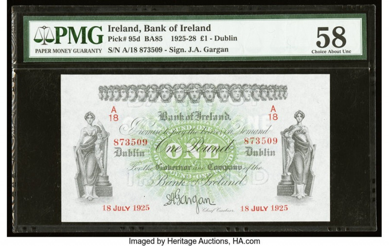 Ireland Bank of Ireland, Dublin 1 Pound 18.7.1925 Pick 95d PMG Choice About Unc ...