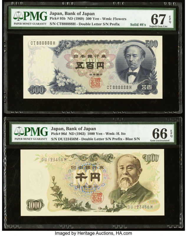 Solid 8's & Ascending Ladder Japan Bank of Japan 500; 1000 Yen ND (1969); (1963)...