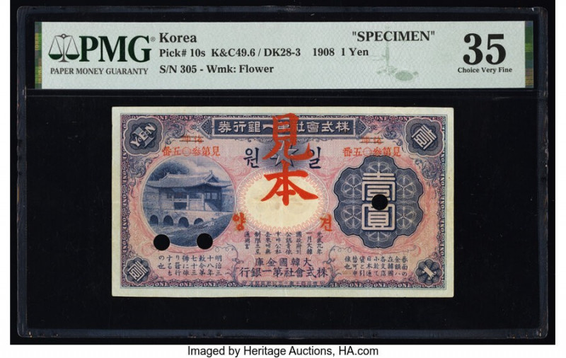 Korea First National Bank of Japan 1 Yen 1908 Pick 10s Specimen PMG Choice Very ...