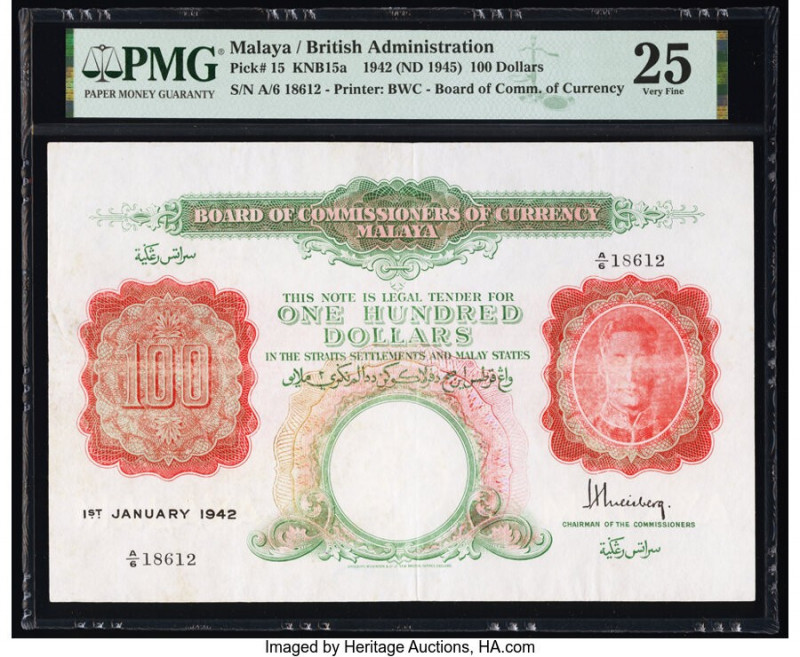 Malaya Board of Commissioners of Currency 100 Dollars 1.1.1942 (ND 1945) Pick 15...