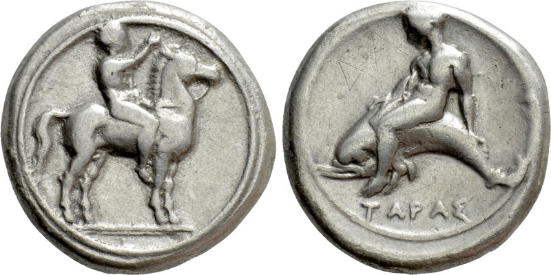 CALABRIA. Tarentum. Nomos (Circa 380-340 BC).

Obv: Horseman right, crowning h...