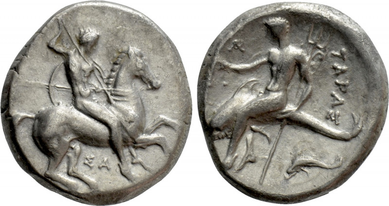CALABRIA. Tarentum. Nomos (Circa 315-302 BC). 

Obv: Warrior, holding shield a...