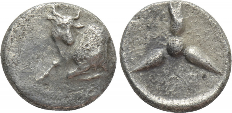 CARIA. Uncertain. Hemiobol (4th century BC). 

Obv: Forepart of a bull left, h...