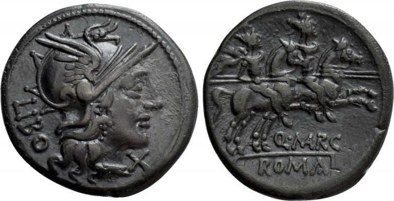 Q MARCIUS LIBO. Denarius (148 BC). Denarius. 

Obv: LIBO. 
Helmeted head of R...