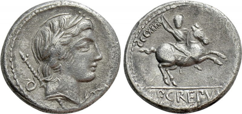 P. CREPUSIUS. Denarius (82 BC). Rome. 

Obv: Laureate head of Apollo right; be...