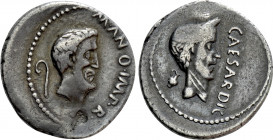 MARK ANTONY with JULIUS CAESAR. Denarius (43 BC). Military mint traveling with Antony in Cisalpine Gaul. Posthumous Caesar issue