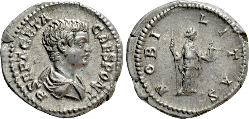 GETA (Caesar, 198-209). Denarius. Rome. 

Obv: P SEPT GETA CAES PONT. 
Barehe...