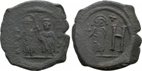 MAURICE TIBERIUS with CONSTANTIA and THEODOSIUS (582-602). Follis or 8 Pentanummia. Cherson