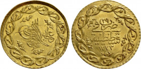 OTTOMAN EMPIRE. Mahmud II (AH 1222-1255 / AD 1808-1839). GOLD Cedid Mahmudiye. Qustantiniya (Constantinople) mint. Dated AH 1223/29 (1837 AD)
