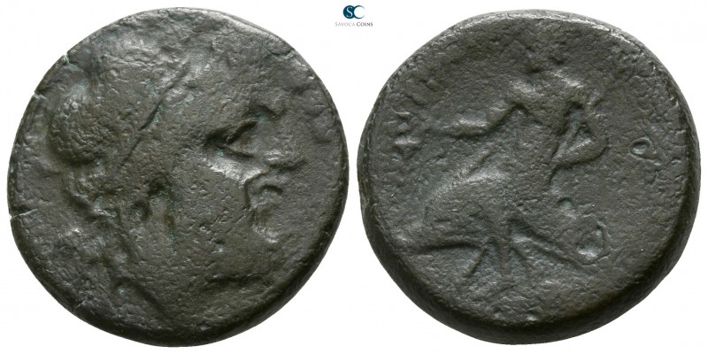 Apulia. Teate circa 225-200 BC. 
Teruncius Æ

19mm., 9,39g.

Diademed head ...