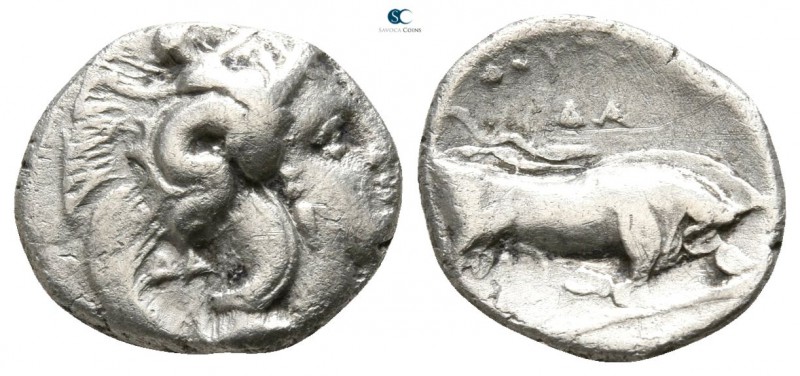 Lucania. Thourioi circa 400-350 BC. 
Diobol AR

10mm., 1,12g.

Head of Athe...