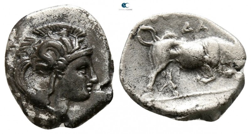 Lucania. Thourioi circa 400-350 BC. 
Diobol AR

11mm., 1,08g.

Head of Athe...
