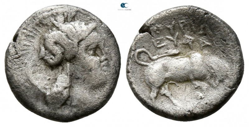 Lucania. Thourioi circa 400-300 BC. 
Diobol AR

9mm., 1,03g.

Head of Athen...