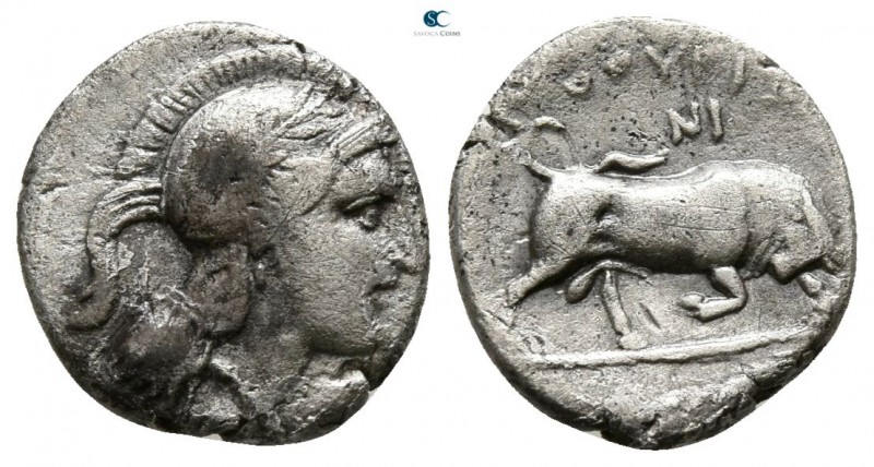 Lucania. Thourioi circa 400-300 BC. 
Diobol AR

8mm., 0,95g.

Head of Athen...