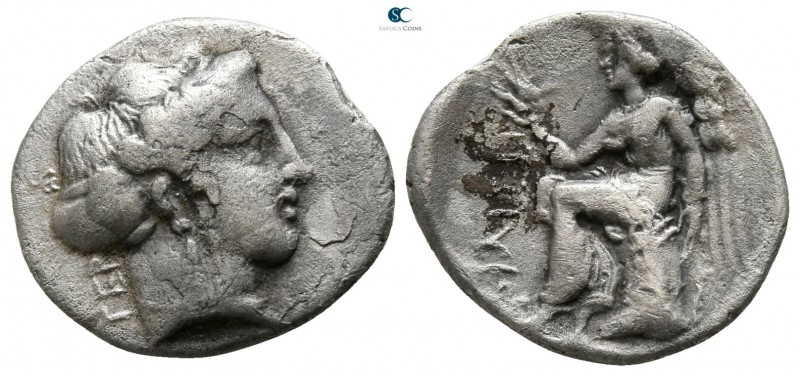 Bruttium. Terina circa 325-300 BC. 
1/3 Nomos AR

14mm., 2,04g.

Head of th...