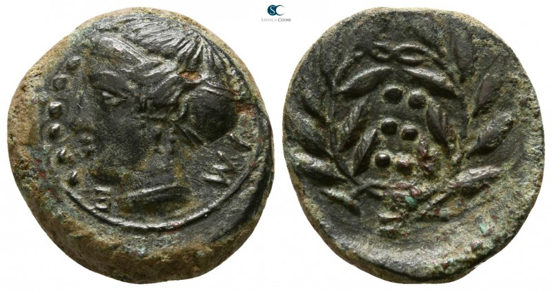 Sicily. Himera circa 415-409 BC. 
Hemilitron Æ

17mm., 3,78g.

Head of nymp...
