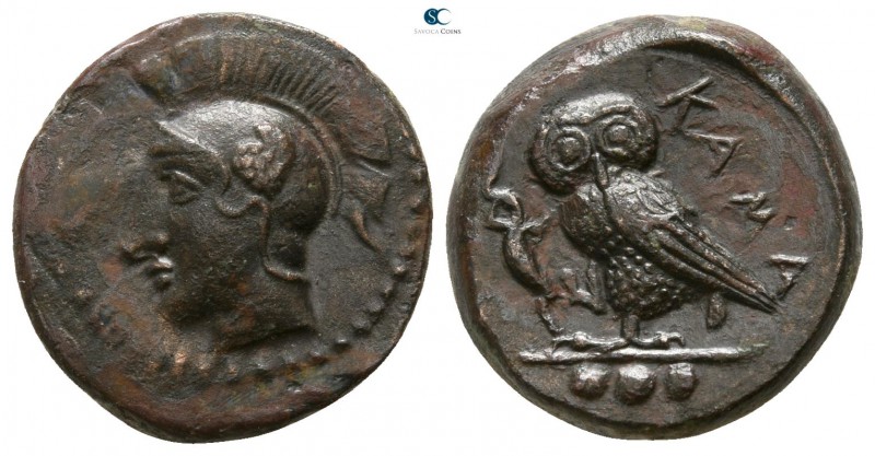 Sicily. Kamarina circa 420-405 BC. 
Tetras Æ

13mm., 2,87g.

Head of Athena...